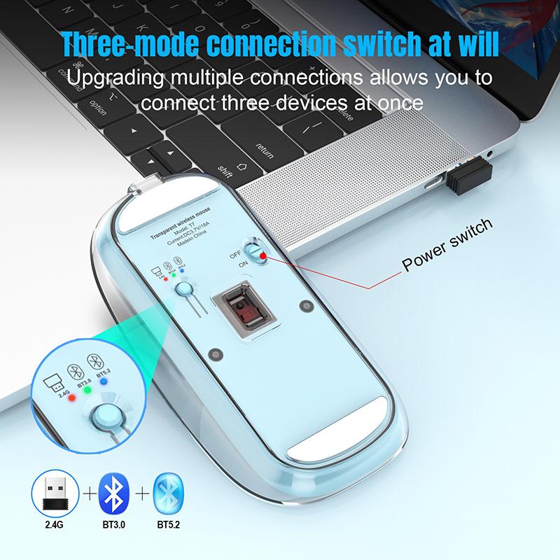 ماوس بلوتوث بتصميم شفاف لاسلكي ثلاثي الاوضاع مع منفذ يو اس بي