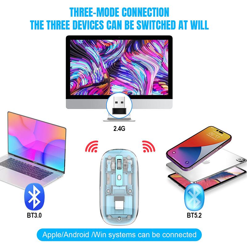 ماوس بلوتوث بتصميم شفاف لاسلكي ثلاثي الاوضاع مع منفذ يو اس بي