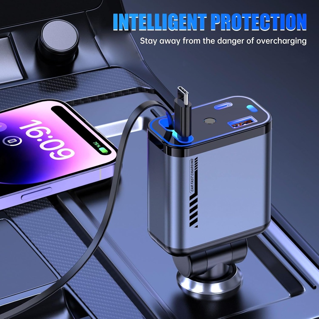 شاحن سيارة 4×1 مع ضوء ليد وكابلات قابلة للسحب ومنفذ يو اس بي _ 120 واط