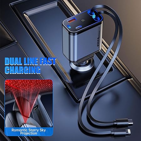 شاحن سيارة 4×1 مع ضوء ليد وكابلات قابلة للسحب ومنفذ يو اس بي _ 120 واط