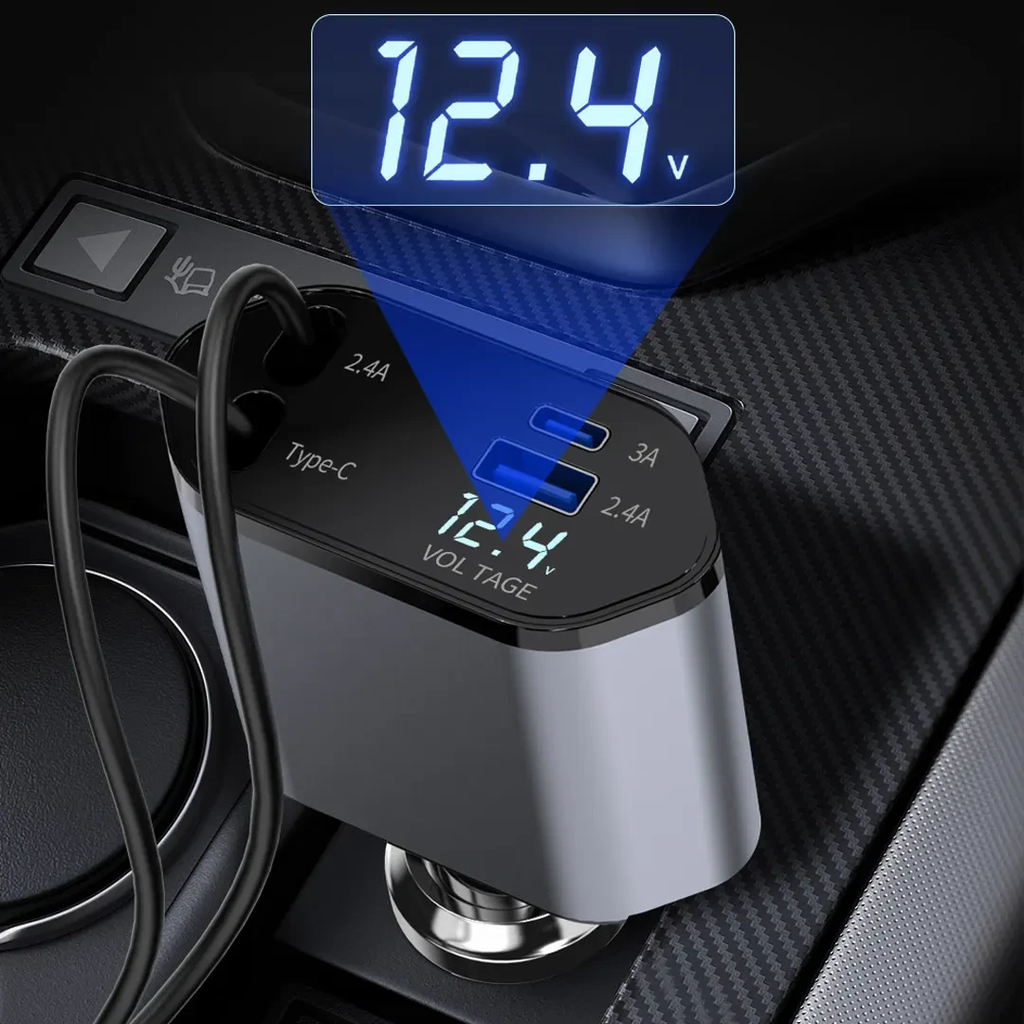 شاحن سيارة سريع للموبايلات 4*1 بكابلات قابلة للسحب ومنفذ يو اس بي - 120 واط