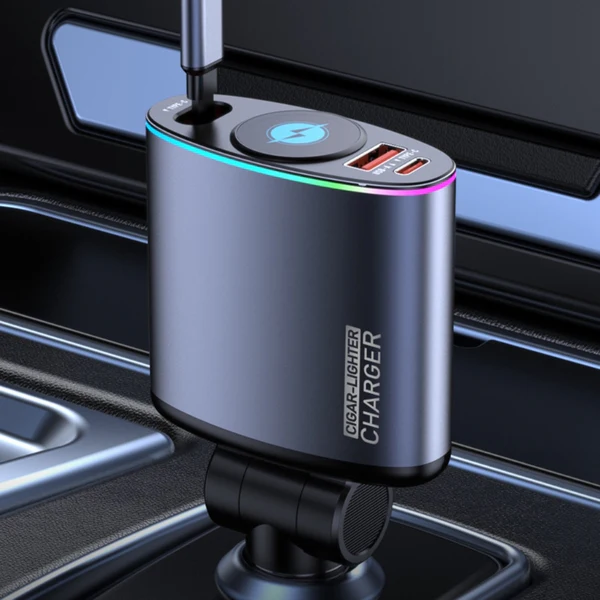 شاحن سيارة سريع للموبايلات 3*1 كابل قابل للسحب ومنفذ يو اس بي