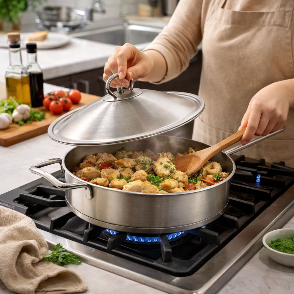 طاسة استانلس ستيل تركي بغطاء ومقبض يد لسهولة الحمل مقاس 24سم 2.80 لتر