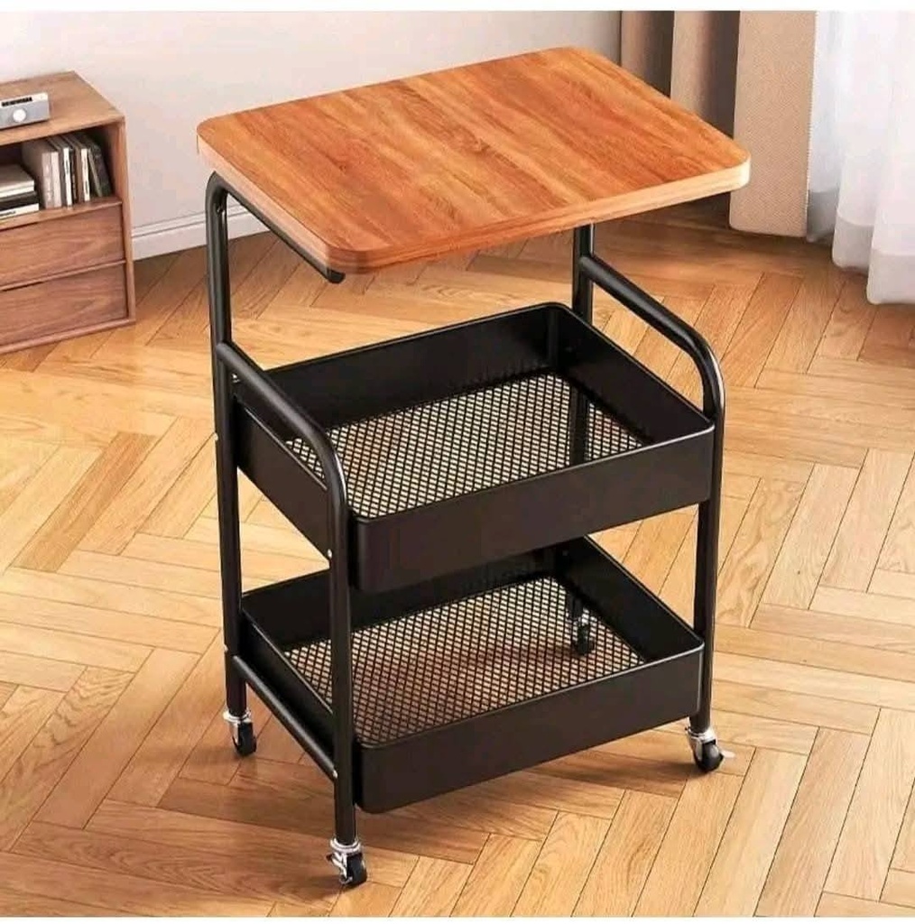 عربة لتنظيم الأدوات المكتبية بدورين وسطح خشبي وعجلات لسهولة الحركة