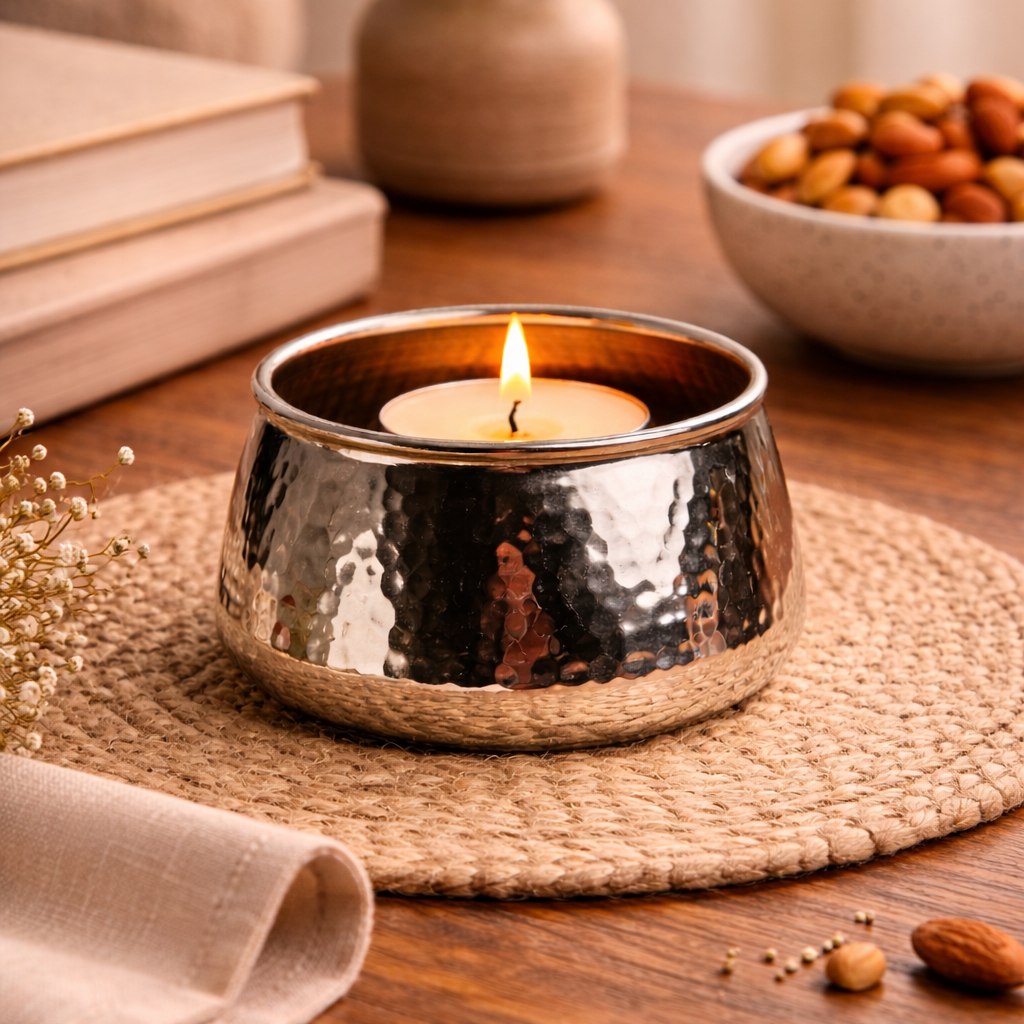 وعاء حامل شموع من النحاس مزخرف للديكور باللون الفضي- 5 * 9 سم