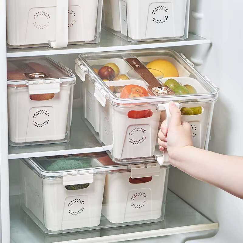 علبة ومنظم تلاجة اكريليك بمقبض وغطاء محكم بيد مقسمة ل 4 خانات بسعة 7 لتر