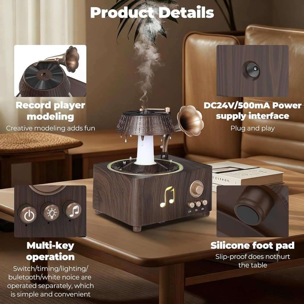 فواحة مضيئة على شكل جرامافون مع صوت ضوضاء بيضاء وسبيكر بلوتوث بخزان 250 ملي لتعطير المنزل بريموت للتحكم