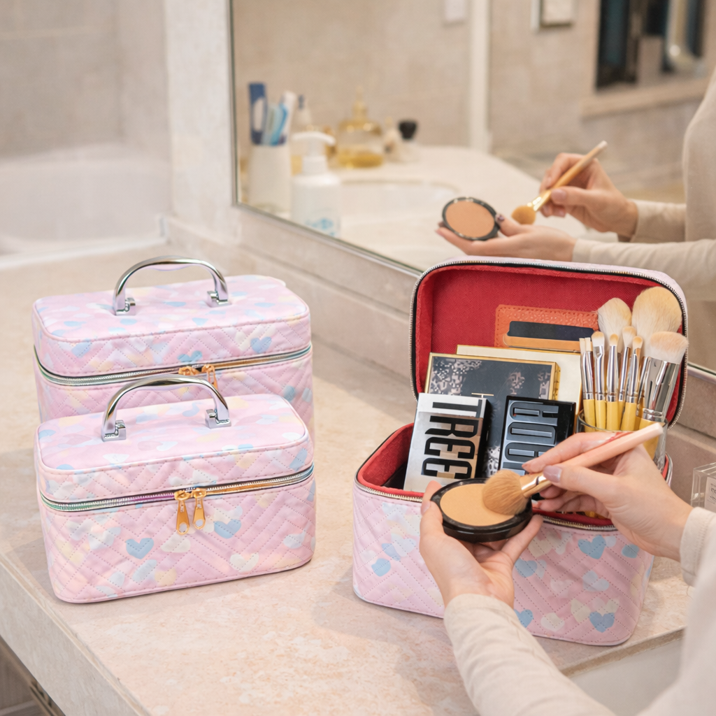 مجموعة شنط جلد 3 قطع بماقسات مختلفة لتنظيم وحمل الميك اب مزينة بقلوب