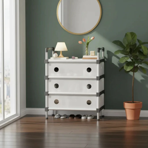 جزامة 3 أرفف بقوائم معدن مع غطاء لحماية الأحذية من الأتربة