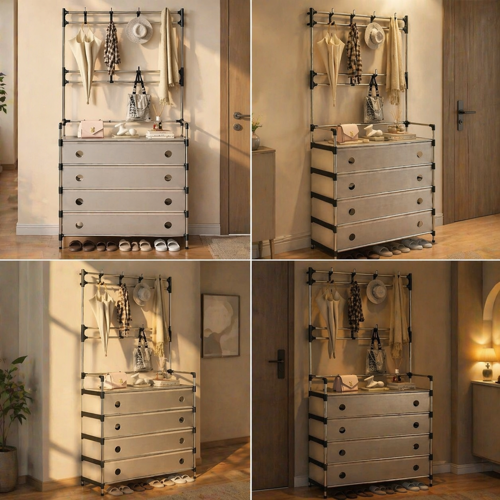 جزامة بـ4 أرفف مع غطاء لمنع دخول الاتربة مزودة بـ8 هوكات لتعليق الشنط