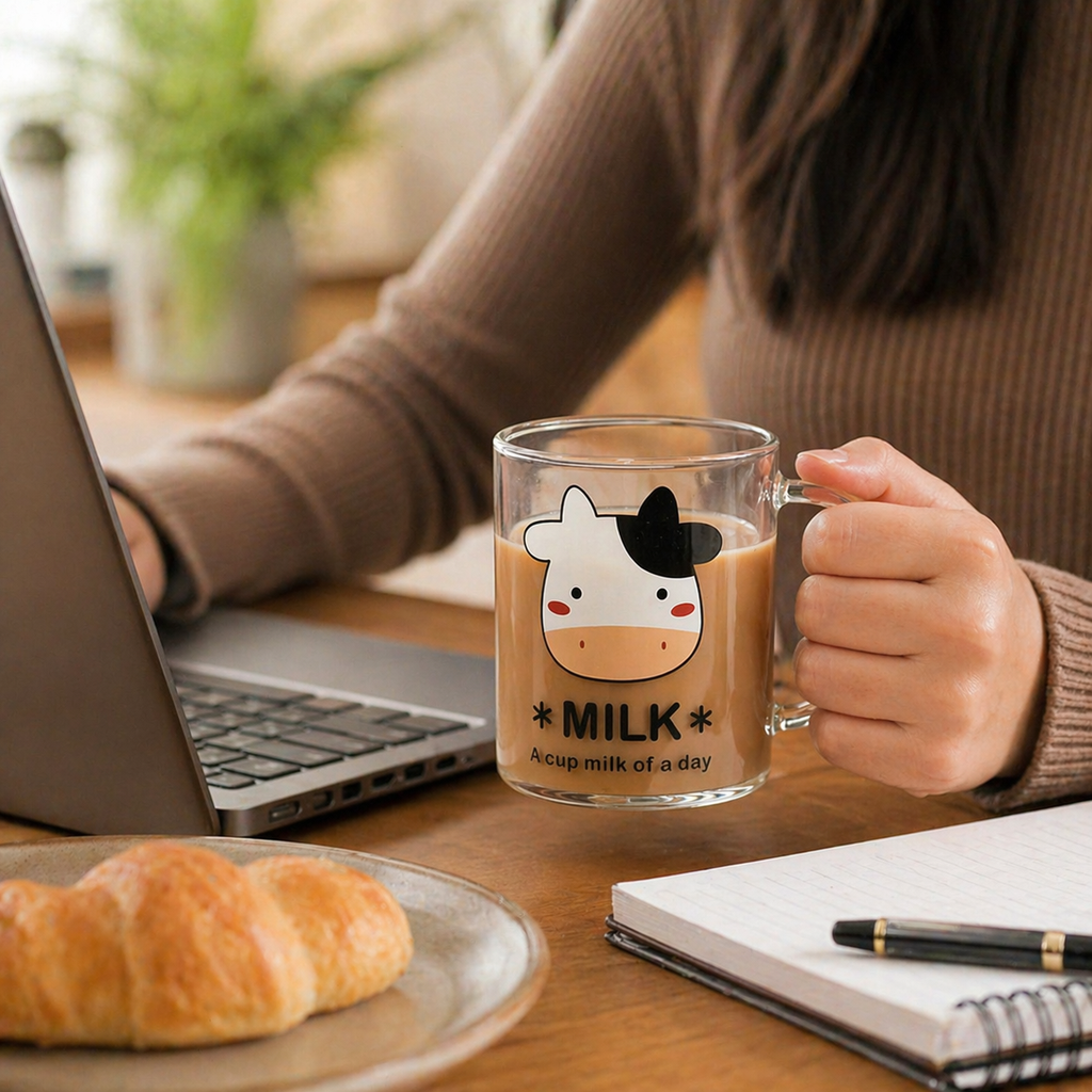 مج زجاج شفاف مطبوع بيد 450 مللي لشرب النسكافيه واللاتيه