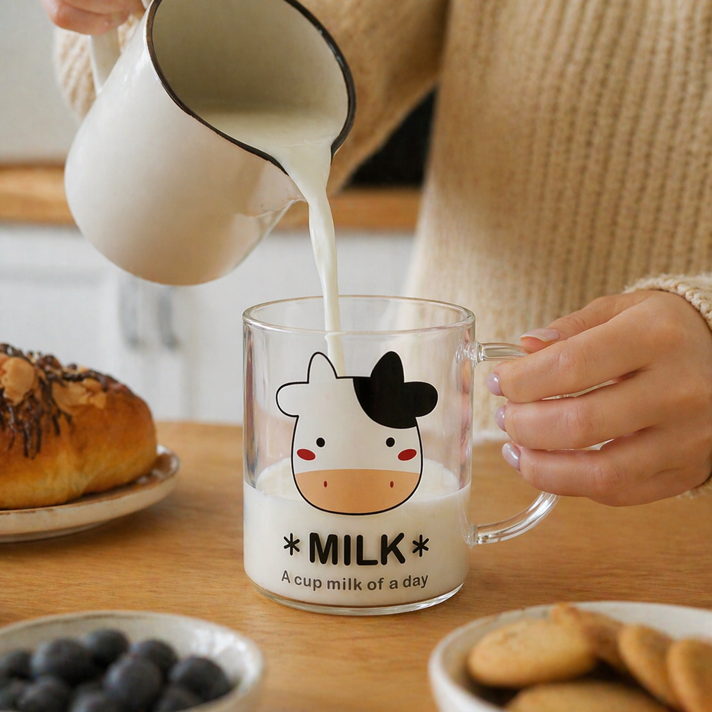 مج زجاج شفاف مطبوع بيد 450 مللي لشرب النسكافيه واللاتيه