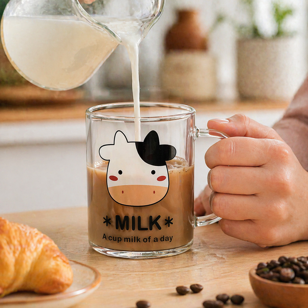 مج زجاج شفاف مطبوع بيد 450 مللي لشرب النسكافيه واللاتيه