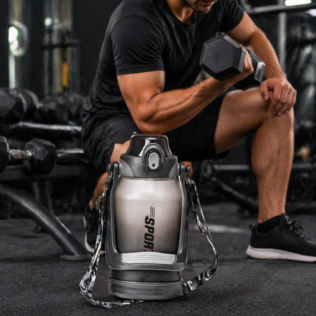 زجاجة مياة 1500 ملي بشاليموه مناسبة للجيم والجامعات بيد لسهولة الحمل