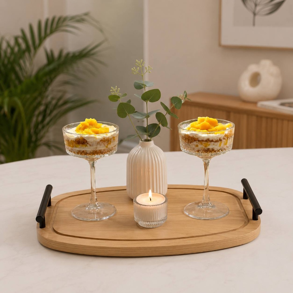 صينية تقديم خشب شكل بيضاوي بيد معدن مقاس 39 × 29 سم