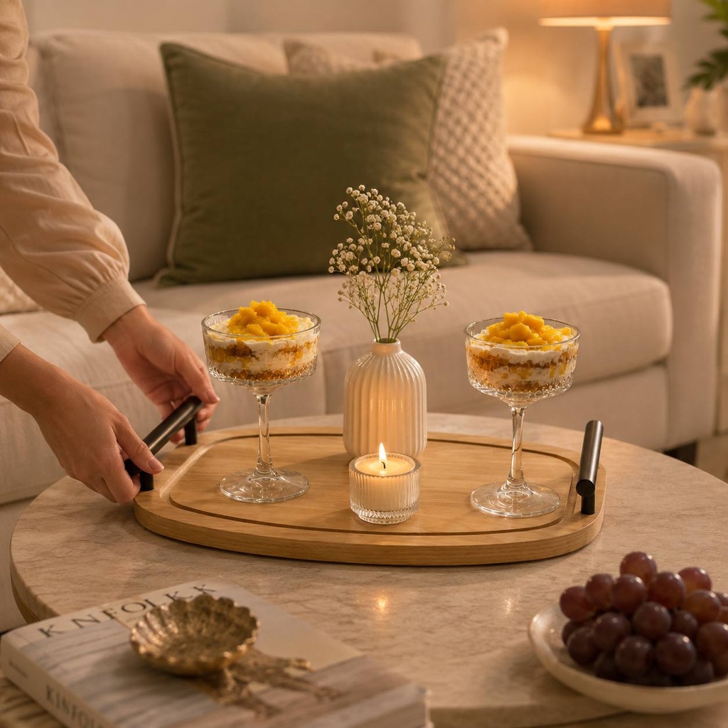 صينية تقديم خشب شكل بيضاوي بيد معدن مقاس 39 × 29 سم