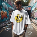 Half skull emoji تيشيرت اوفر سايز قطن باللون الأبيض للرجال