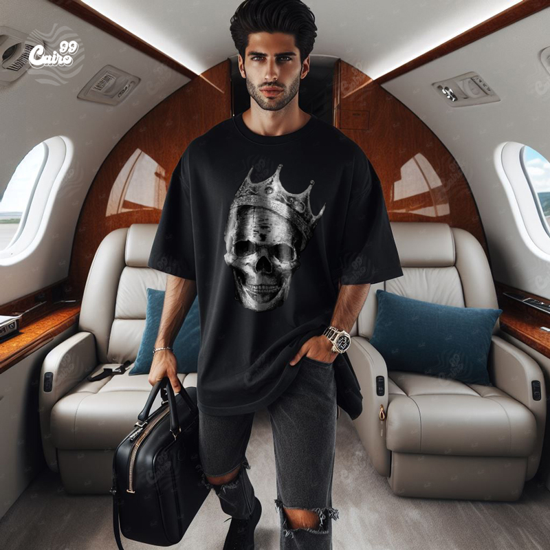 King Skeleton تيشيرت اوفر سايز قطن باللون الاسود للرجال