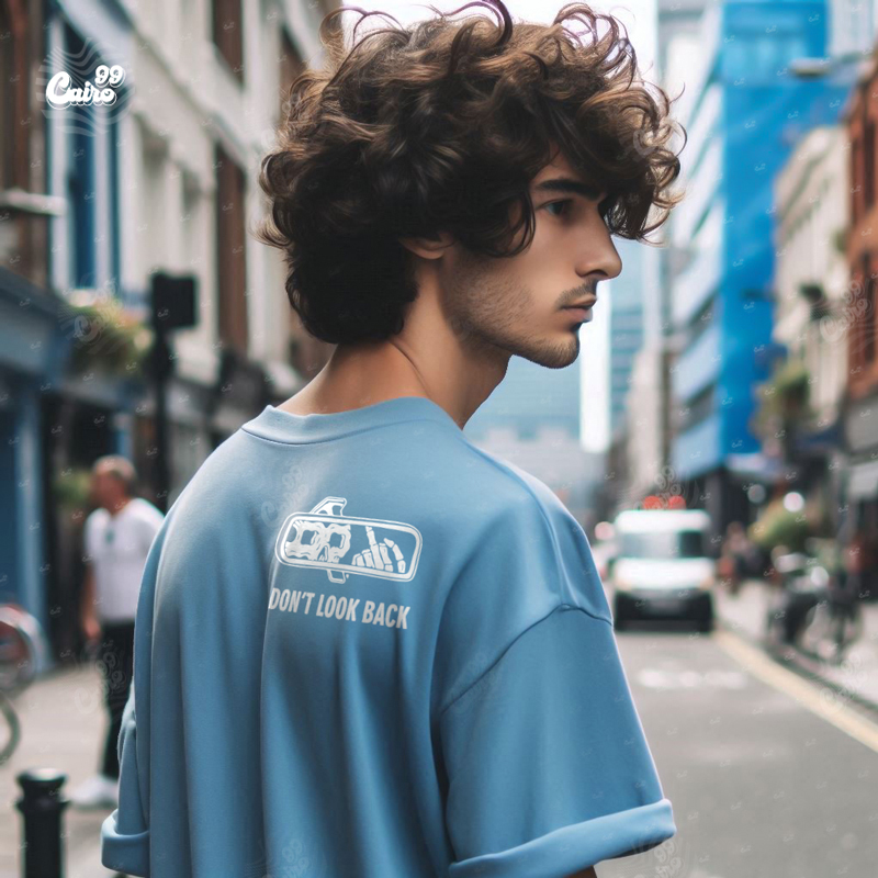 Don't Look Back تيشيرت اوفر سايز قطن باللون الازرق للرجال