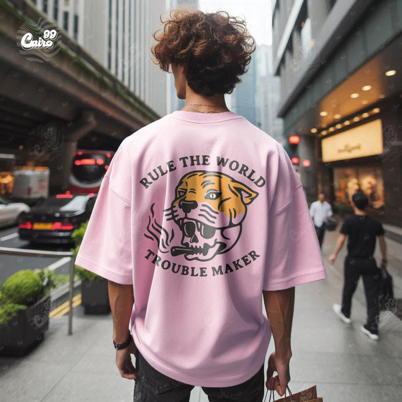 Tiger Skull تيشيرت اوفر سايز قطن باللون  البينك للرجال