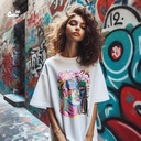 crazy art تيشيرت اوفر سايز قطن باللون الابيض للنساء