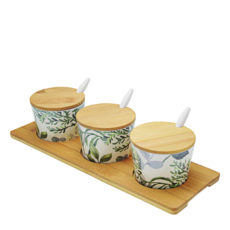 طقم برطمانات ملامين 3 قطع بحامل خشبي ومعالق للتوابل والشاي والسكر