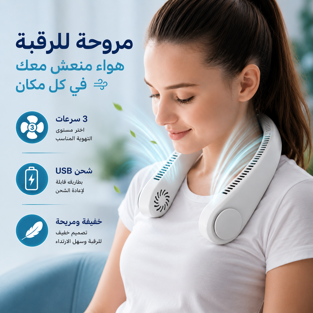 مروحة رقبة محمولة للتبريد مع 3 سرعات مختلفة قابلة لاعادة الشحن