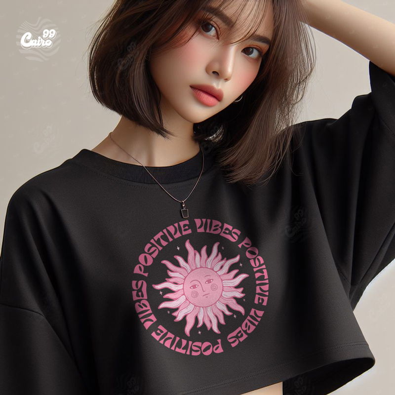 Positive Vibes كروب توب اوفر سايز قطن باللون الاسود