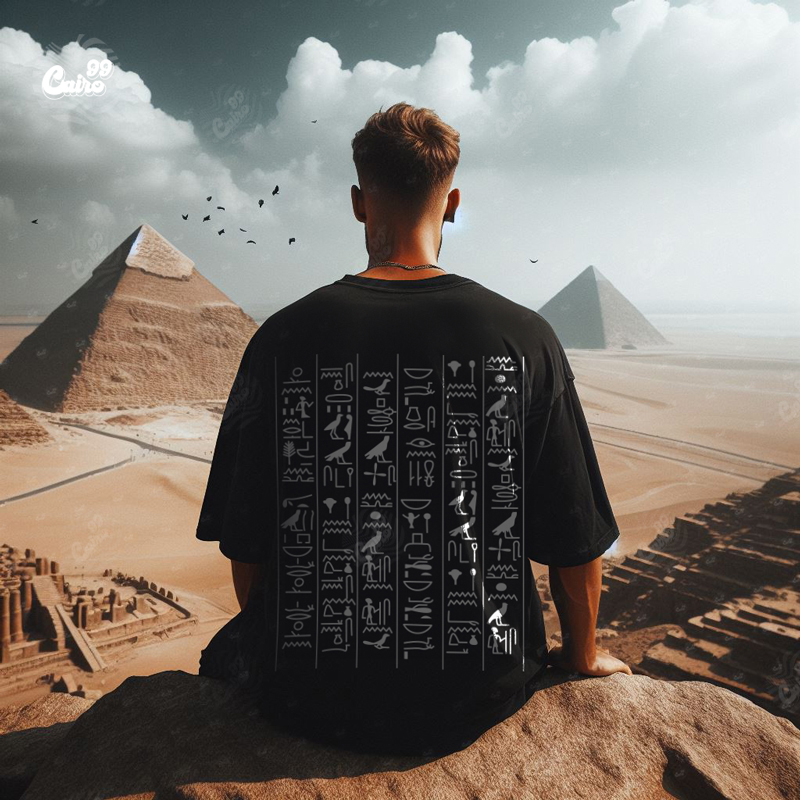 Pharaonic تيشيرت اوفر سايز قطن باللون الاسود للرجال