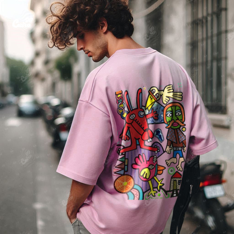 Funky Faces تيشيرت اوفر سايز قطن باللون  البينك للرجال