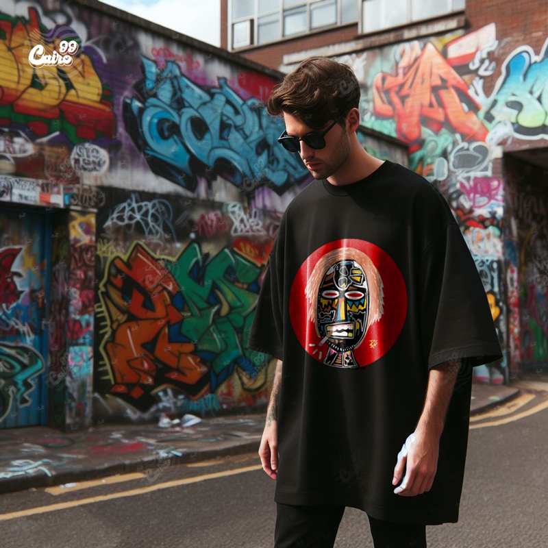African Mask تيشيرت اوفر سايز قطن باللون الاسود للرجال