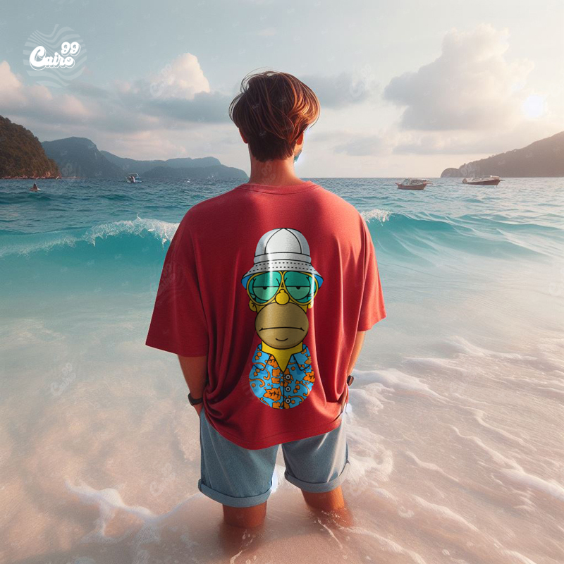 The Simpsons تيشيرت اوفر سايز قطن باللون الاحمر للرجال