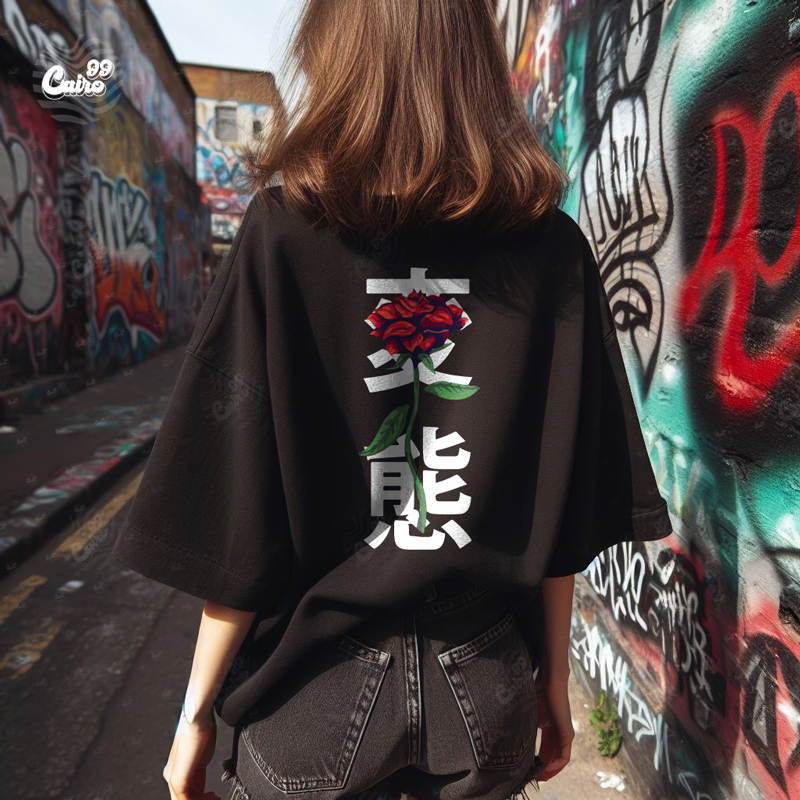 Japanese Rose تيشيرت اوفر سايز قطن باللون الاسود للنساء