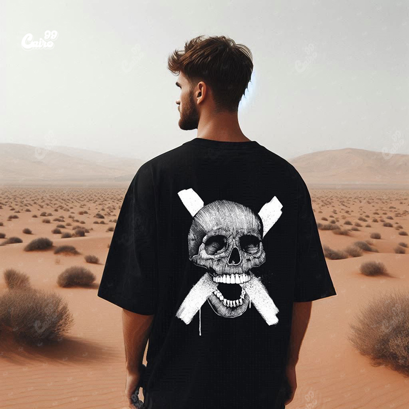 Victim Skull تيشيرت اوفر سايز قطن باللون الاسود للرجال