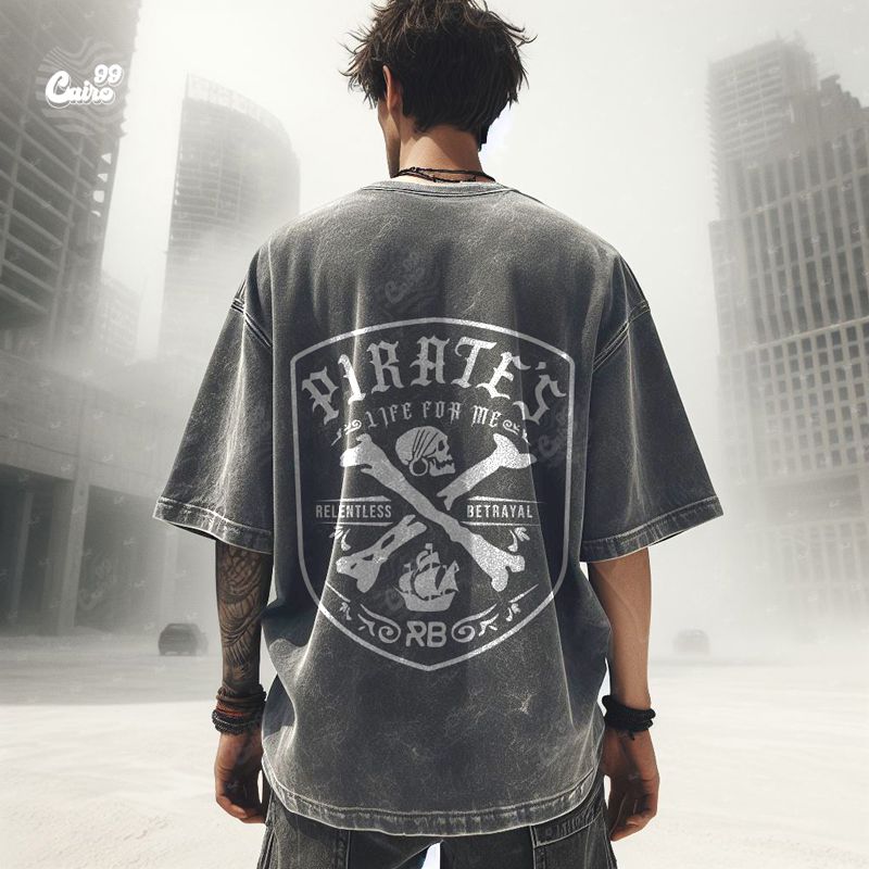 Pirates تيشيرت اوفر سايز قطن باللون الرمادي