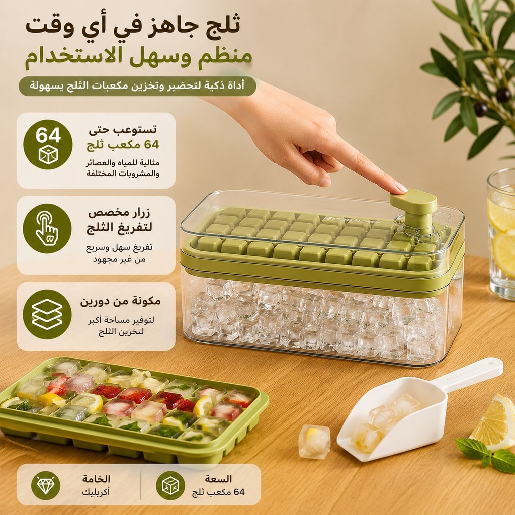 علبة مكعبات ثلج 2 دور مع زرار لتفريغ التلج وجاروف لتقدميه