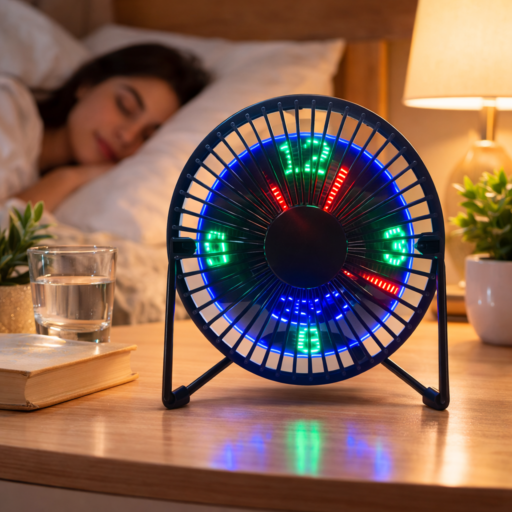 مروحة ليد مكتب بساعة رقمية تدور 360 درجة تعمل بالشحن