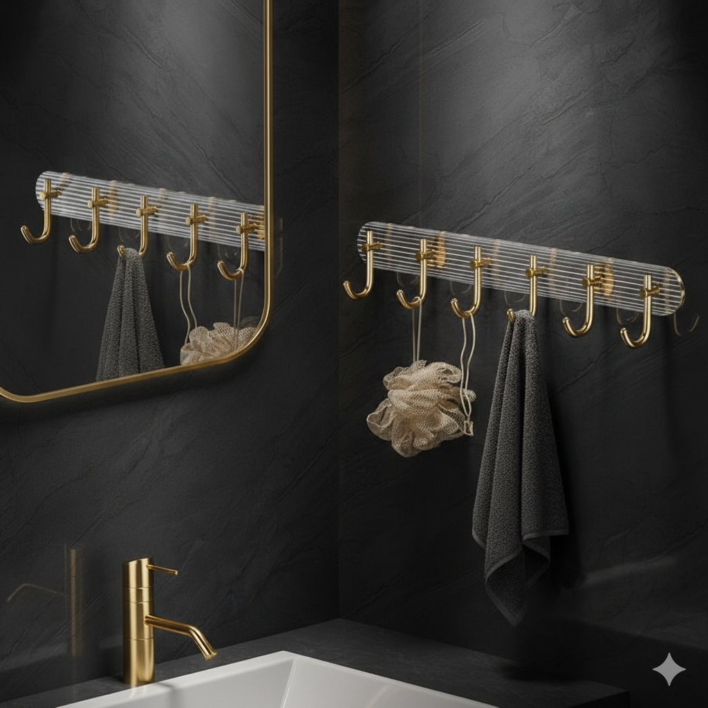 شماعة حوائط اكليريك بلزق دبل فيس ب 6 هوك جولد لتعليق الملابس والأدوات