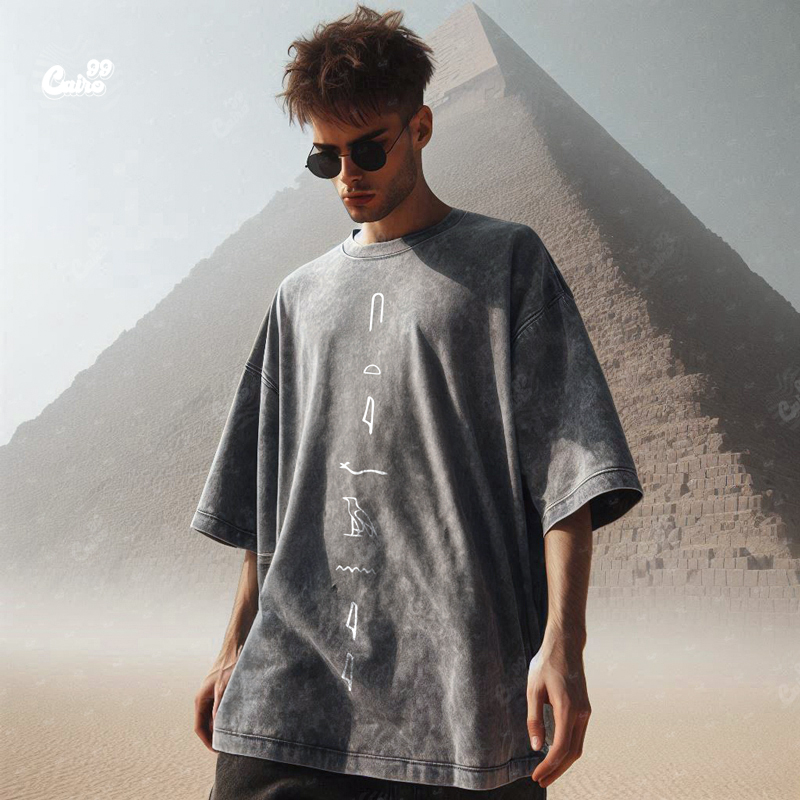 Hieroglyphics  تيشيرت اوفر سايز قطن باللون الرمادي للرجال