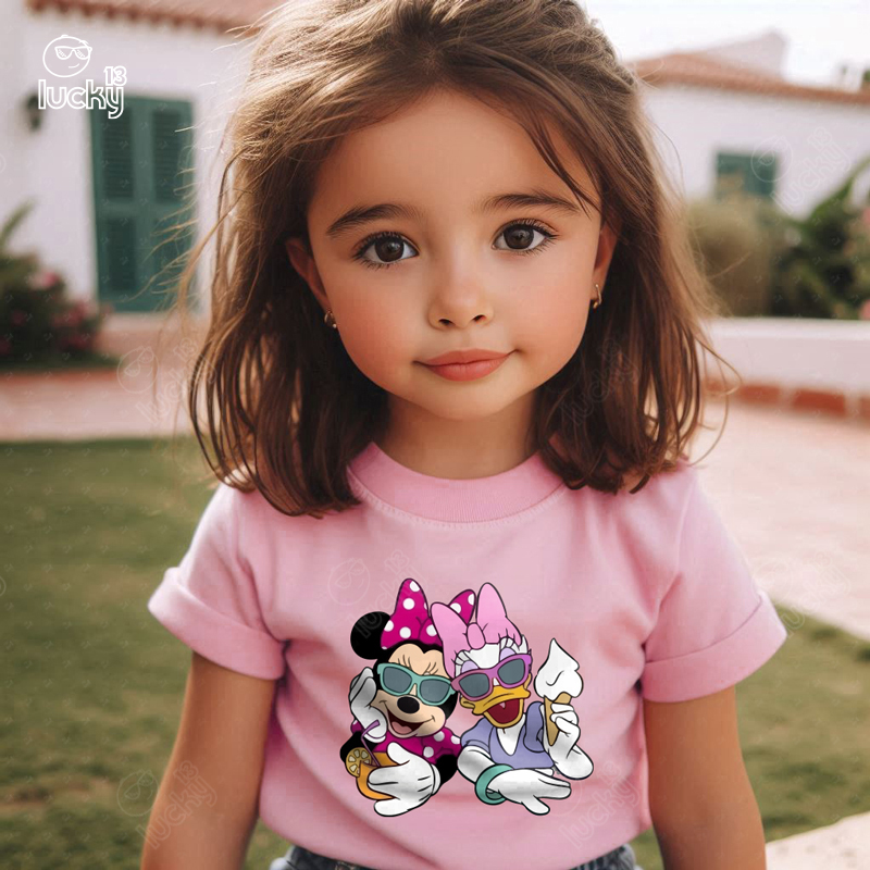 Daisy Duck And Minnie Mouse تيشيرت اطفال قطن باللون البينك