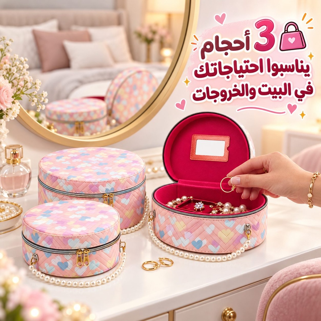 مجموعة شنط جلد 3 قطع بماقسات مختلفة بيضاوية الشكل لتنظيم وحمل الميك اب مزينة بقلوب