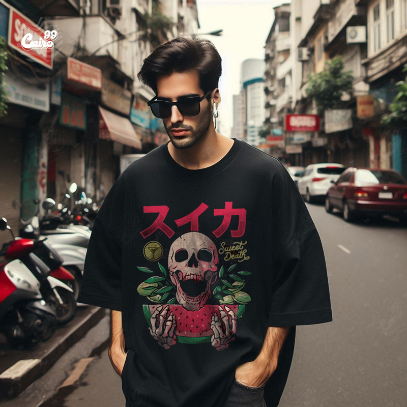 Sweet Death تيشيرت اوفر سايز قطن باللون الاسود للرجال