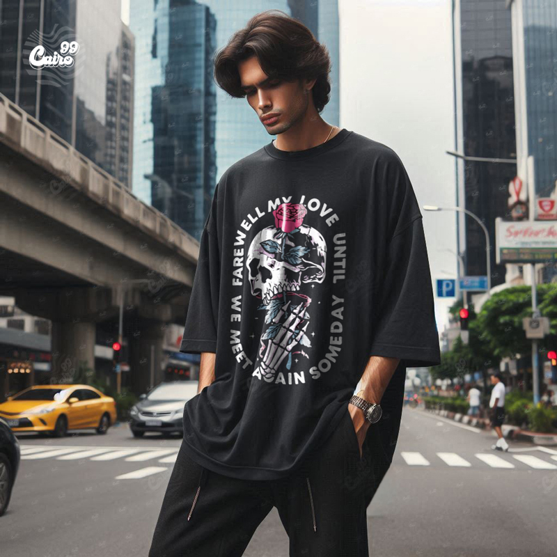 Farewell My Love تيشيرت اوفر سايز قطن باللون الاسود للرجال