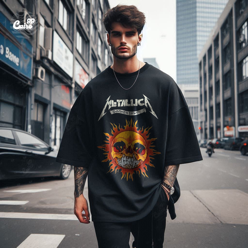 Flaming Skull تيشيرت اوفر سايز قطن باللون الاسود للرجال