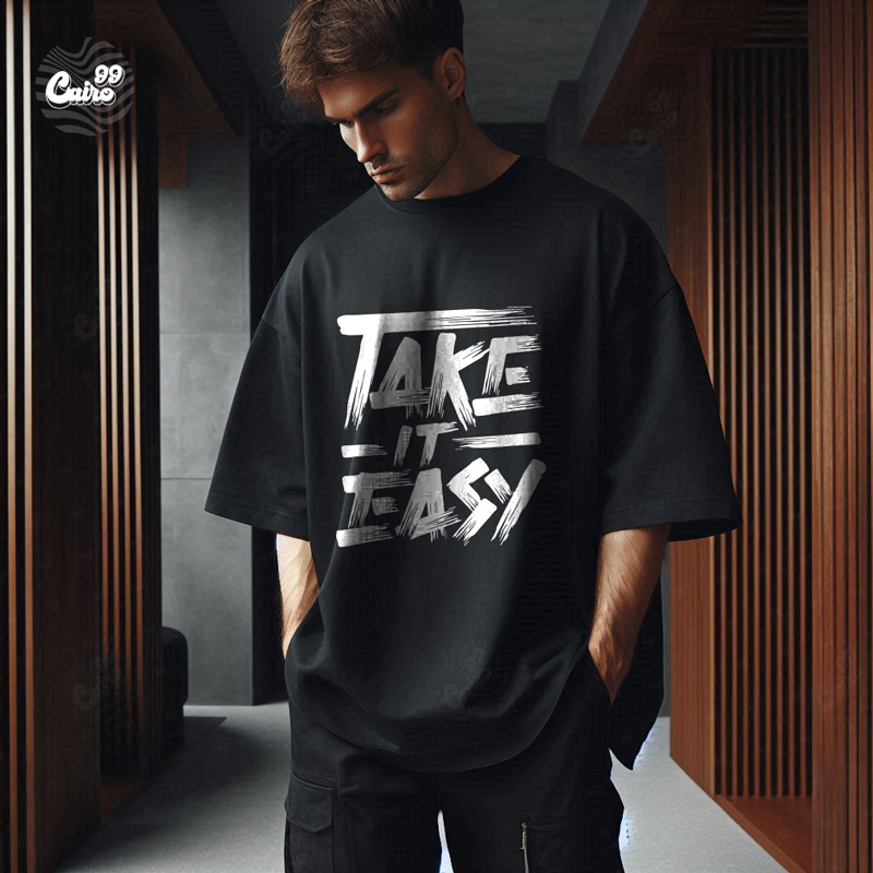 Take It Easy تيشيرت اوفر سايز قطن باللون الاسود للرجال