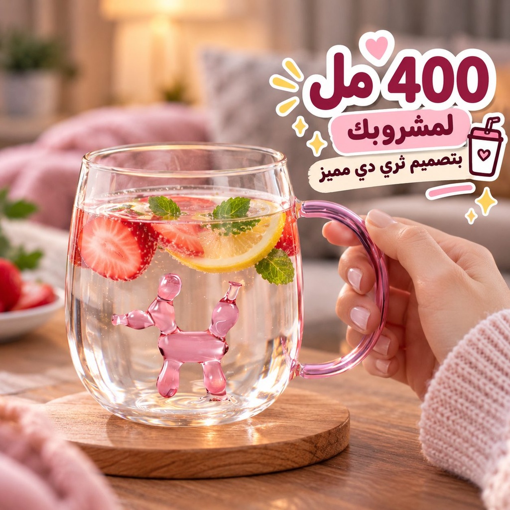 مج زجاج ثري دي  400 ملي مناسب لشرب العصائر والاتية