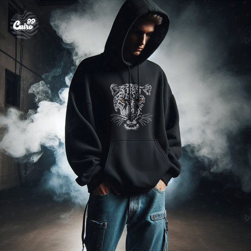 Tiger هودي اوفر سايز قطن للرجال باللون الاسود