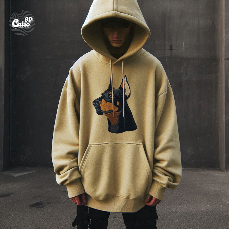 Doberman Dog هودي اوفر سايز قطن للرجال باللون البيج