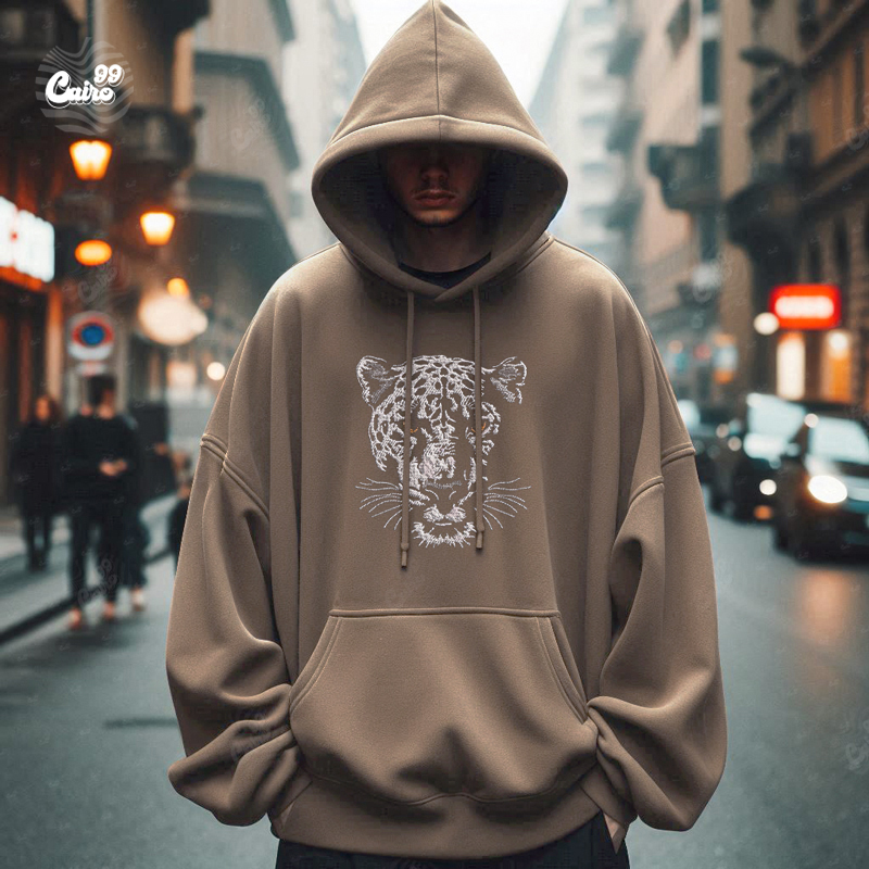 Wild Tiger هودي اوفر سايز قطن للرجال باللون البيج
