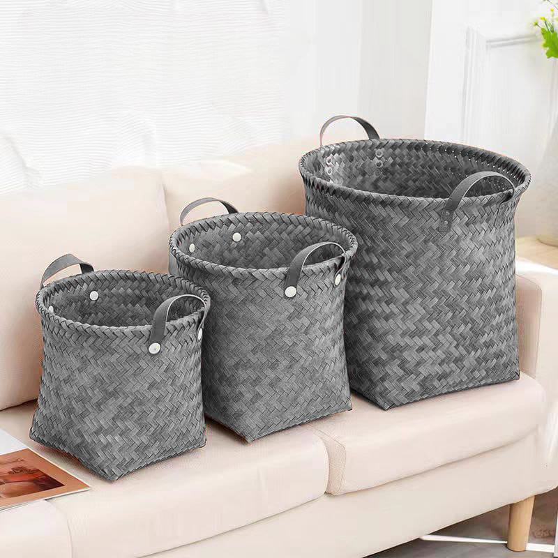 طقم باسكت تخزين من الرتان باللون الرمادي - 3 قطع